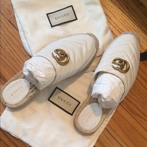 Gucci Cream Leather Espadrille Mules with Gold Logo